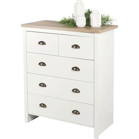 Cómoda con 5 cajones de diseño colonial - 80x39,5xH97,5 cm, color blanco y tapa de roble claro - Colección MADERA
