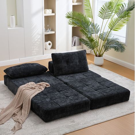 Canapé-lit pliable de sol en chenille noire avec coussin, 79 x 79 x 57 cm, REDOM (1/5)