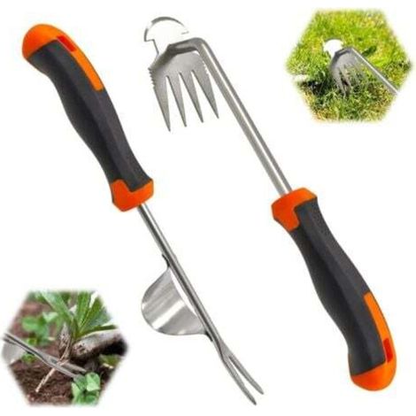 Unkrautstecher-Set aus Edelstahl, 2-teilig, manuelles Unkrautentfernungswerkzeug mit Gummigriff, Gartenwerkzeug zum Ausgraben von Unkraut