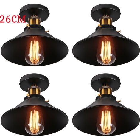 Deckenleuchte Vintage Retro Deckenlampe Industriell Eisen Lampenschirm Hutform 26cm Schwarz 4PCS (1/5)