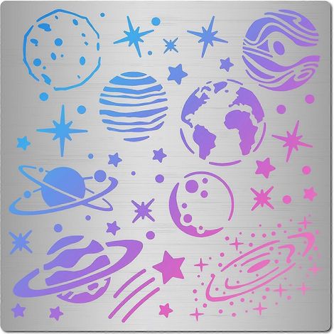 Pochoirs métalliques carrés à motif planètes de 16 cm (6,3 pouces), étoiles, décoration, univers, espace, gabarit réutilisable en acier pour peinture (1/5)