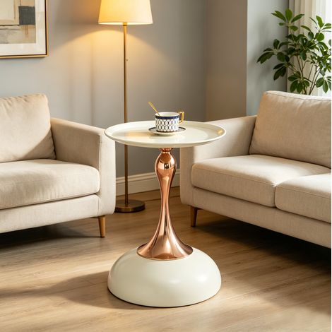 Table d’appoint ronde 38 cm blanc et doré en acier au carbone avec base métallique, compacte et polyvalente (1/5)