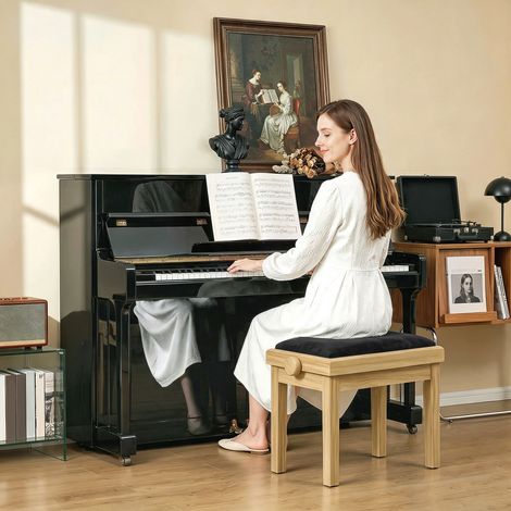 Banc de Piano Tabouret Réglable 45-56 cm, Clavier, Siège Rembourré Velours, Bois Naturel (1/5)