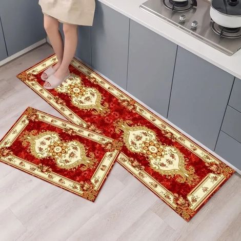 Lot de 2 Pcs Tapis de Cuisine Devant Evier - Rouge - 40x60cm & 40x120cm - Antidérapant Tapis de Bain (1/3)
