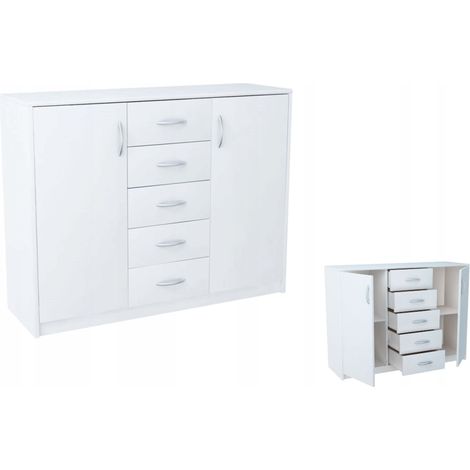 Buffet avec 2 portes et 5 tiroirs Blanc - Meuble de Rangement Style contemporain - 110 x 35 x 85 cm (1/5)