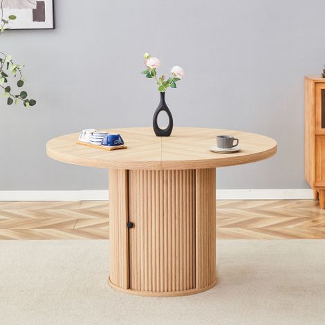 Table de salle à manger ronde avec rangement, finition effet bois, diamètre de 115 cm dotée d'un pied central intégrant un compartiment de rangement capacité de 4 à 6 personnes style scandinave mod (1/5)