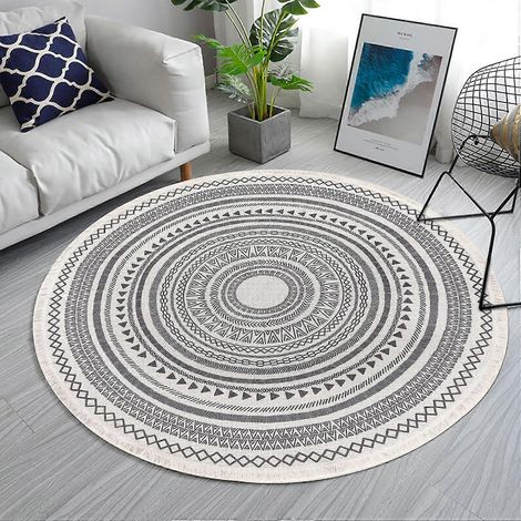 Tapis rond en coton tissé gris avec franges, 120 cm, lavable et absorbant, motif marocain (AAA) (1/5)