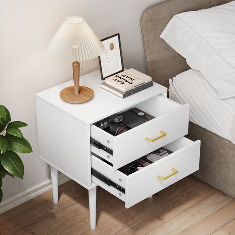 Table de chevet moderne blanche en MDF et panneaux de particules, 2 tiroirs, pieds en bois, plateau 50 x 37 cm (1/5)