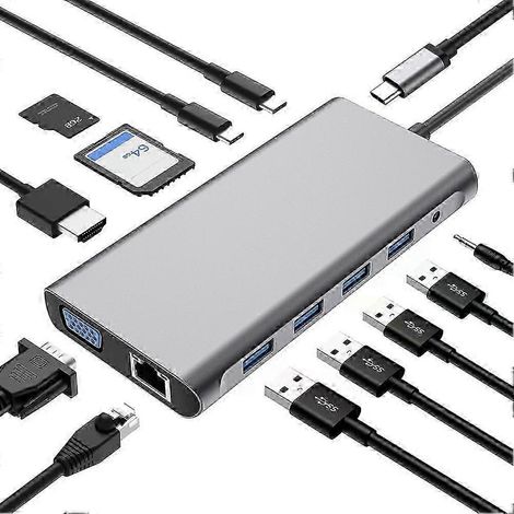Hub USB-C / Adaptateur USB-C gris clair, station d'accueil 12-en-1 (Type-C vers USB/HDMI/VGA) pour ordinateur portable (1/5)