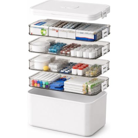 Grande boîte à médicaments 4 Niveaux, Organiseur Portable avec tiroirs et poignée, boîte de Rangement Multifonction pour Pharmacie Domestique, Soins et Bureau (Blanc) (1/5)