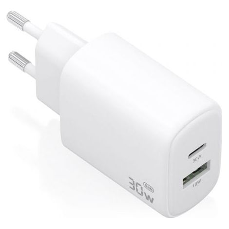 Cargador de Pared GaN Aisens A110-0977/ 1xUSB Tipo-C/ 1xUSB/ 30W/ Blanco