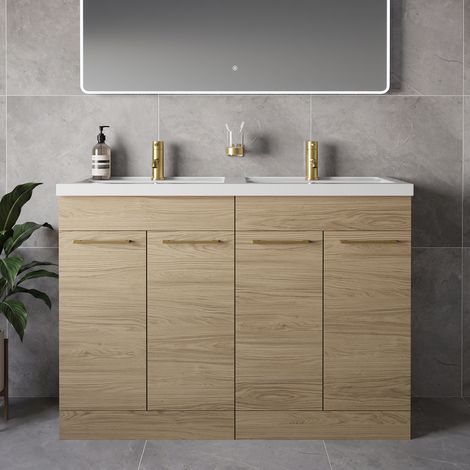 Napoli 390 Light Oak 1200mm 4 Door Vanity Unit with Double Lucia Basins - 1200mm - Brushed Brass 160mm Handle