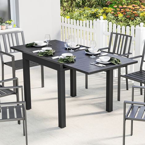 Noir - Table à manger extérieure extensible 80/160 cm pour 4 à 6 personnes, en aluminium doté de un dessus à lattes effet bois