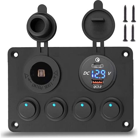 Wippschalterfeld mit USB-C-Anschluss, wasserdichter Aluminiumplatte (IP65), USB-Ladegerät, Zündungsbuchse mit Digitalvoltmeter, 4 integrierten 12V/24V-Wippschaltern, 15A-Sicherung