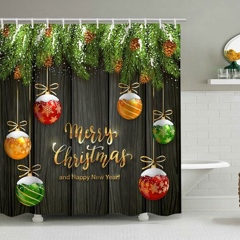 180 x 200 cm großer Duschvorhang mit Weihnachtsmotiv, Weihnachtsmann und Rentier, Badezimmer-Dekorationsset, wasserdichtes Material, inklusive 12 Haken