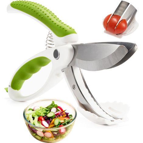 Ciseaux à salade à double lame - Idéaux pour mélanger et couper les légumes dans un saladier, blanc et vert (1/5)