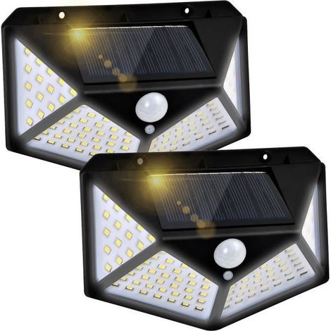 Lampe Solaire Extérieur 100 LED, 2 Pack éclairage Solaire Extérieur Détecteur de Mouvement éclairage 270° Lumière murale (1/4)