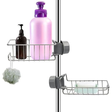 Support Douche Sans Percage Inox, 2 Etageres Salle de Bain Chrome Porte Savon Shampoing Gel Douche Pour Barre 18-25mm, Argent (1/5)