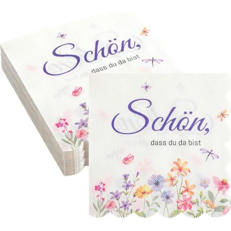 Pack of 120 disposable paper napkins with the inscription "Schön, dass du da bist" - 33 x 33 cm - Floral pattern - For weddings, birthdays, spring parties, table decorations (1/5)