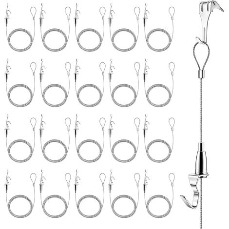 Accroche Tableau, Kit Accrochage de Cadre Photo 20 Pièces avec Crochets Câble Métallique de 2 m x Ø1,5 mm et Crochets Réglables Cimaise pour Tableau pour Accrocher Peintures Miroir (1/5)
