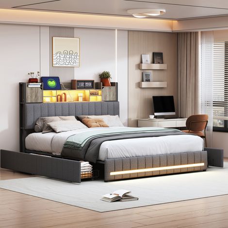 Lit coffre160x200, Lit Double pour Adultes avec 2 tiroirs, tête de lit coffre en lin et 2 Portes,  Lit rembourré 2 Personnes, avec LED et USB, lin, Gris,  sans matelas (1/5)