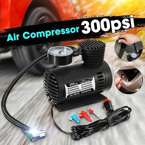 Mini gonfleur électrique universel 12 V 300 PSI pour voiture, moto, vélo, ballon de basket et de basket. Compresseur d'air portable pour pneus de voiture, moto, vélo et autres. (1/4)