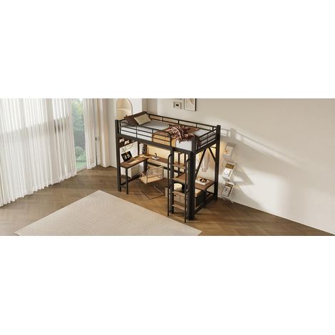 Lit mezzanine enfant noir 90 x 200 cm en métal et MDF avec bureau, étagères, tiroirs, LED (1/5)