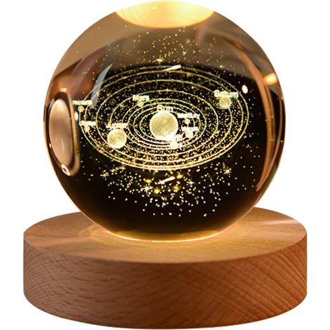 Faux Cristal Ball Veilleuse avec En bois Socle 3D Engraved Solar System Planet Clear Globe Sphere Bedside LED Lampe Desktop Decoration Birthday Gift – Couleur (1/5)