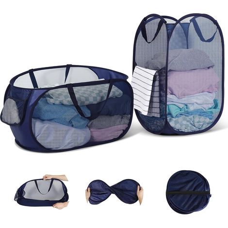Cesta de lavandería plegable de malla con asas, paquete de 2, gran capacidad (34 x 34 x 60 cm), ideal para baño, camping y viajes (azul marino-2) (1/5)
