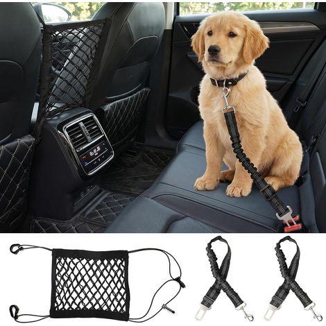 Lot de 2 ceintures pour chien pour voiture + 1 filet de protection pour animaux de compagnie, ceinture de sécurité réglable avec absorption des chocs élastique et mousqueton, pour chiens, chats et (1/5)
