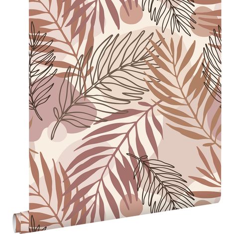 Papier peint à motif feuilles beige et vieux rose – Dimensions 50 x 900 cm – Raccord droit – Pose facile sans table à tapisser – Estahome (1/5)