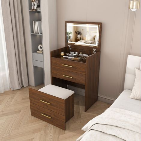 3-in-1 Schminktisch mit klappbarem Spiegel, Glasplatte, 3 Schubladen, Braun HAVRYA (1/5)