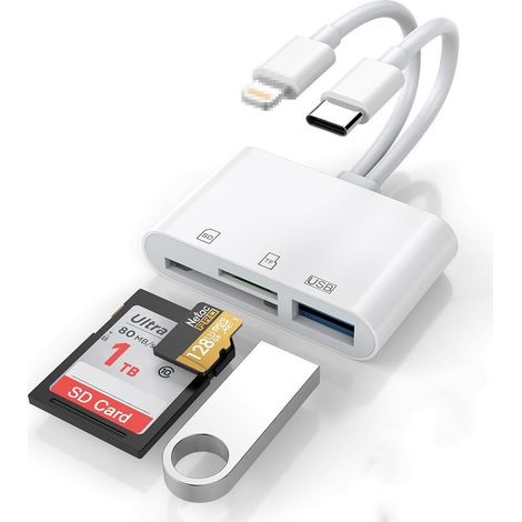 Lecteur de carte SD, Adaptateur Lightning vers USB 3.0 3-en-2 pour iPhone iPad, avec emplacements SD/TF et port USB, lecteur de mémoire rapide (1/5)