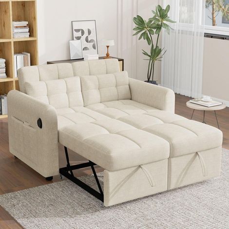 Schlafsofa ausziehbar mit USB, verstellbarer Rückenlehne, Seitentaschen, beige (1/5)