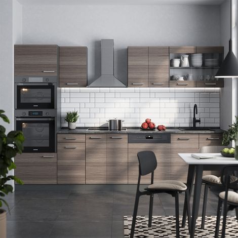 Küchenzeile R-Line, Edelgrau/Anthrazit, 300 cm mit Hochschrank, AP Eiche, Vicco