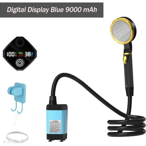 (Bleu 9000 mAh) Pompe de douche de camping, kit de douche extérieure pour camping-car, douche de camping avec écran numérique intelligent et réglable, outils d'extérieur (1/4)