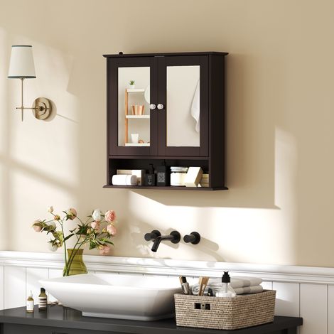 Marron 56x13x58cm - Armoire de salle de bain doté de meuble mural miroir avec 2 portes étagère ouverte Étagère réglable foncé