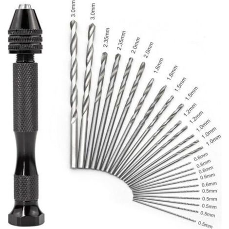 Mini perceuse manuelle de précision – Kit complet avec 25 forets hélicoïdaux (0,5 à 3 mm) pour métaux, bois et bijouterie (1/5)