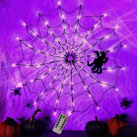 Décorations d'Halloween Lumières en forme de toile d'araignée - 1,2 m de diamètre, 96 LED avec araignée noire, lumières imperméables, télécommande, 8 modèles de décorations d'Halloween en forme de toi (1/5)