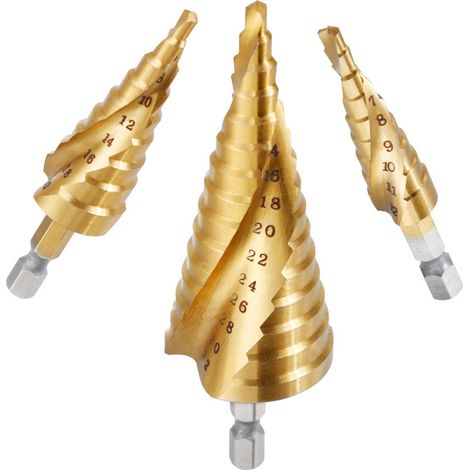 SHINING HOUSE 3PCS Foret Fraise Meche Etage, HSS Inox Metal, 4-12/20/32mm, Triangle Conique Titane, avec Tige Hexagone, Pour Visseuse Percage sur Acier, Laiton, Bois, Plastique (1/5)