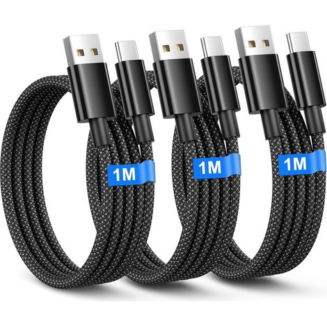 Cable USB C [1M/Lot de 3], Câble USB vers USB C Charge Rapide pour Samsung S25/S24/S23/S22/S21/A35/A34 A56/55, iPhone 16/15 Plus Pro Max, Pixel 8 7 6, Nylon Cable usbc vers USB A Cables usbc Court (1/5)