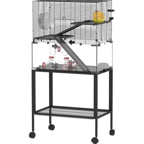 Enclos pour hamster à 3 niveaux avec roue, plateformes, rampes et accessoires en acier et plastique noir (1/5)