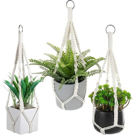 3 Pièces Macramé Support Pots Fleur, Pot de Fleurs à Suspendre Suspension Plante Coton Plantes Support Suspendu pour Intérieur Extérieur Balcon Décoration Jardin Style Bohême