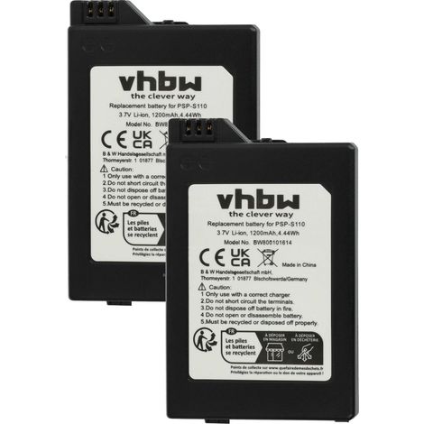 vhbw 2x Akku kompatibel mit Sony Playstation Portable Slim & Lite PSP-2000, PSP-2001, 2. Gener Spielekonsole (1200 mAh, 3,7 V, Li-Ion)