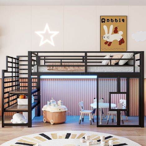 Lit mezzanine 90x200cm - Lit enfant en métal avec escalier de rangement, fenêtres et éclairage LED - Style Moderne - Noir (1/5)