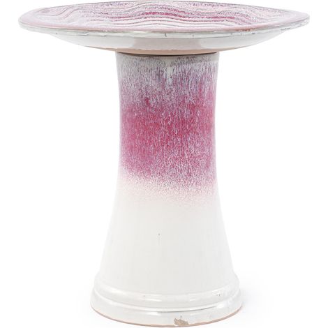 Bain d'oiseaux en céramique fait main Ø 43 cm, hauteur 45 cm, glaçure dégradée blanc-rose avec motifs ondulés, résistant aux intempéries (1/5)