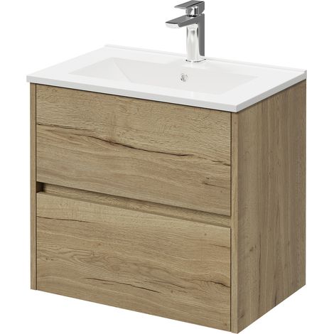 Montego Autumn Oak 600mm Wall Mounted Vanity Unit with 1 Tap Hole Minimalist Basin and 2 Drawers (1/5)