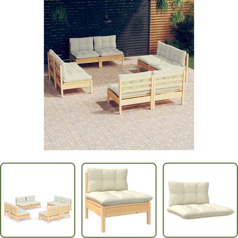 Terrassensofa - 8-tlg. Garten-Lounge-Set mit Creme Kissen Kiefernholz (1/5)