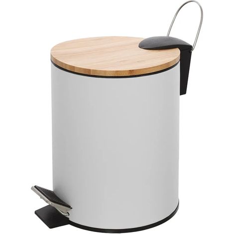 Pattumiera bagno con pedale in acciaio bianco opaco e bambù 3 Lt Haiti (1/5)