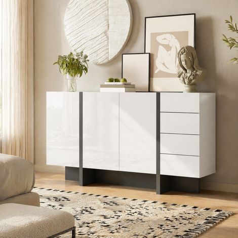 Weißer Hochglanz-Sideboard, moderner und schlichter Anrichte mit 2 Türen und 4 Schubladen, leicht zu reinigen, ideal für Wohnzimmer oder Esszimmer (1/5)